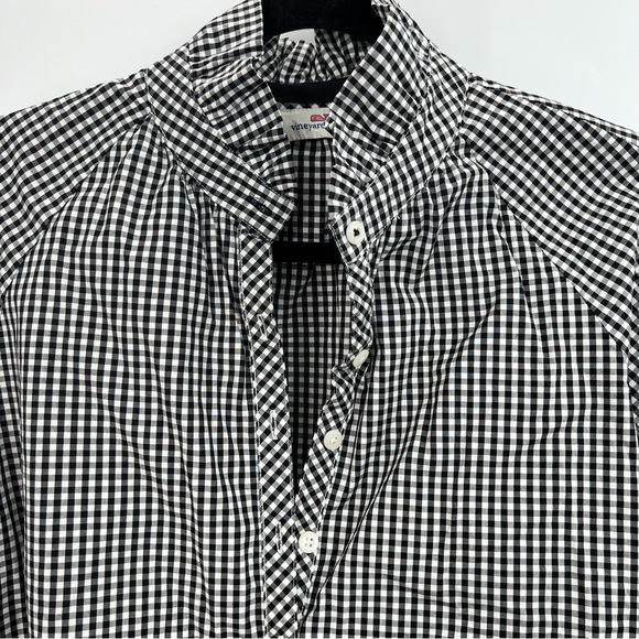 Vineyard Vines Gingham Ruffle Popover Blouse Shirt Top Black Raglan Poplin US 6 - Picture 6 of 10
